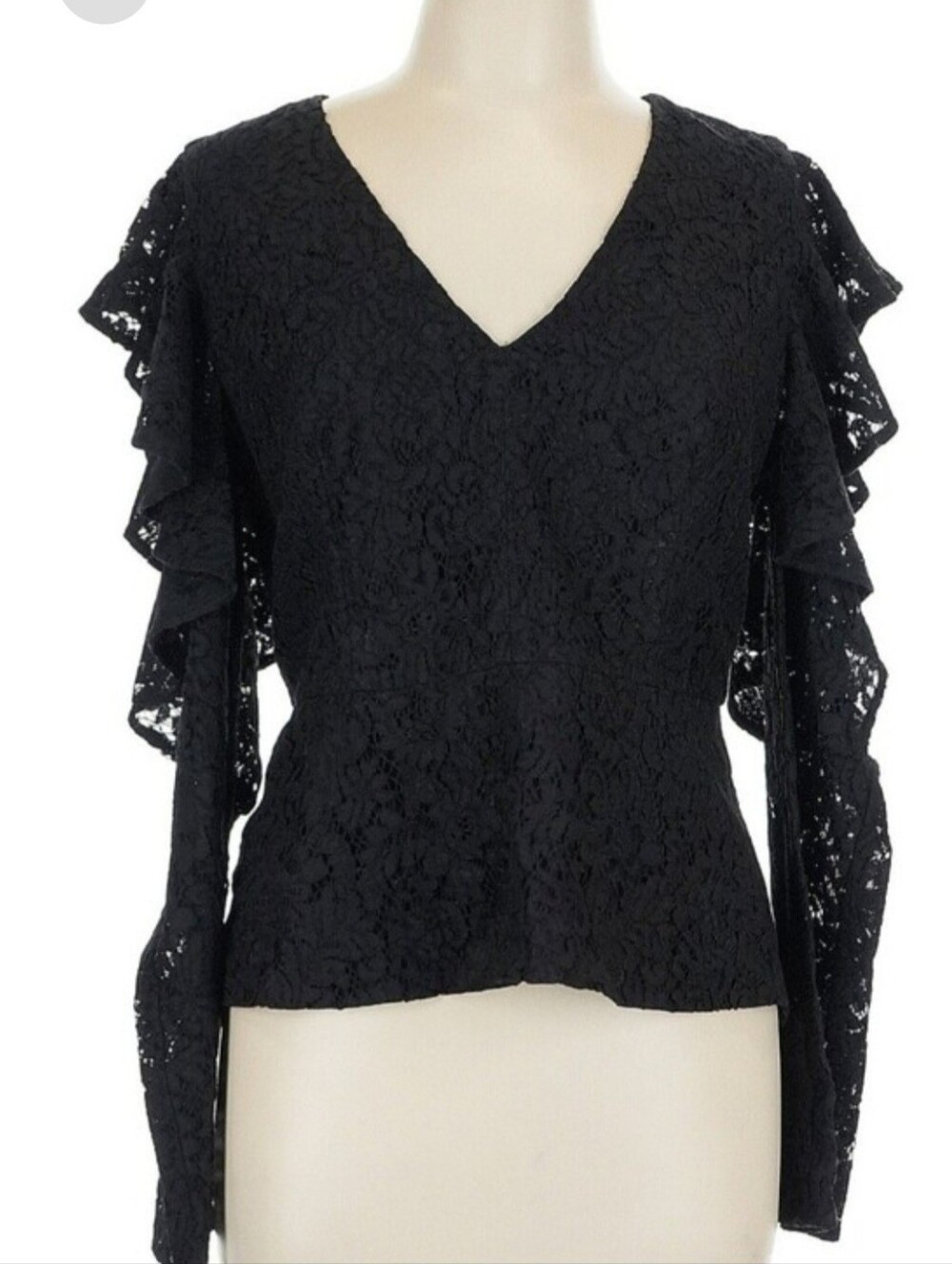 BCBGMAXAZRIA Black Floral Lace Overlay Peplum Top Ruffle Sleeve HTF Size L NWT